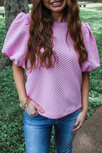 Load image into Gallery viewer, White Solid Textured O Neck Puff Sleeve Blouse