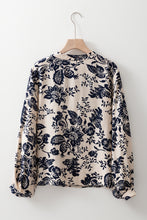 Load image into Gallery viewer, Black Boho Floral Pleated V Neck Lantern Sleeve Shirt