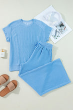 Load image into Gallery viewer, Blue Solid Corded Knit Short Sleeve T Shirt and Wide Leg Pants Set