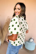 Load image into Gallery viewer, Apricot Polka Dot Print Smocked Notched Neck Balloon Sleeve Blouse
