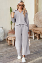 Load image into Gallery viewer, Sail Blue Solid Textured Collared V Neck Top and Wide Leg Pants Set