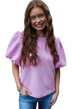 Load image into Gallery viewer, White Solid Textured O Neck Puff Sleeve Blouse