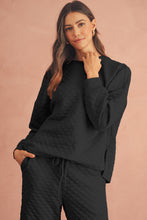 Load image into Gallery viewer, Black Checkered Textured Split Pullover Top and Pants Set