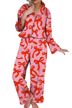 Load image into Gallery viewer, Pink Allover Bow Print Button Up and Loose Pants Pajama Set
