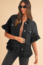 Load image into Gallery viewer, Peacock Blue Raw Edge Bell Short Sleeve Denim Jacket