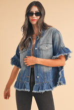 Load image into Gallery viewer, Peacock Blue Raw Edge Bell Short Sleeve Denim Jacket