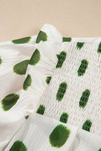 Load image into Gallery viewer, Apricot Polka Dot Print Smocked Notched Neck Balloon Sleeve Blouse