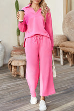 Load image into Gallery viewer, Sail Blue Solid Textured Collared V Neck Top and Wide Leg Pants Set