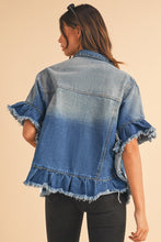 Load image into Gallery viewer, Peacock Blue Raw Edge Bell Short Sleeve Denim Jacket