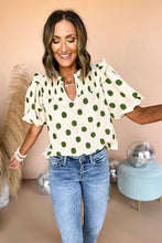 Load image into Gallery viewer, Apricot Polka Dot Print Smocked Notched Neck Balloon Sleeve Blouse