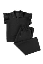 Load image into Gallery viewer, Black Plus Ruffled Sleeve Quarter Zip Top & Wide Leg Pants Set