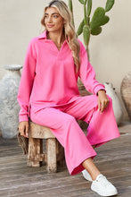 Load image into Gallery viewer, Sail Blue Solid Textured Collared V Neck Top and Wide Leg Pants Set