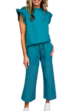 Load image into Gallery viewer, Dark Green Textured Ruffle Summer Top and Drawstring Pants Set