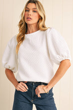 Load image into Gallery viewer, White Solid Textured O Neck Puff Sleeve Blouse