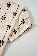 Load image into Gallery viewer, Beige Bow Print Striped Puff Short Sleeve Blouse