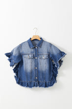 Load image into Gallery viewer, Peacock Blue Raw Edge Bell Short Sleeve Denim Jacket