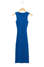 Load image into Gallery viewer, Dark Blue Solid Ribbed Knit Sheath Sleeveless Midi Sweater Dress
