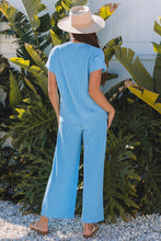 Load image into Gallery viewer, Blue Solid Corded Knit Short Sleeve T Shirt and Wide Leg Pants Set