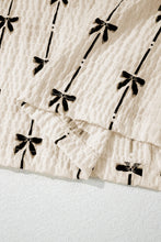 Load image into Gallery viewer, Beige Bow Print Striped Puff Short Sleeve Blouse