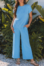 Load image into Gallery viewer, Blue Solid Corded Knit Short Sleeve T Shirt and Wide Leg Pants Set