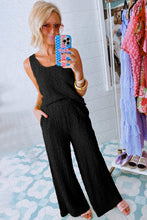 Load image into Gallery viewer, Black Crinkled U Neck Tank Top and Wide Leg Pants Set