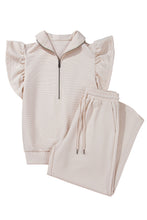 Load image into Gallery viewer, Apricot Textured Ruffle Sleeve Zipped Top and Wide Leg Pants Set