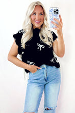Load image into Gallery viewer, Black Bow Print Side Tie Scalloped Hem Knit Top