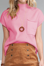 Load image into Gallery viewer, Pink Patch Pocket Ribbed Knit Short Sleeve Sweater