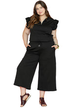 Load image into Gallery viewer, Black Plus Ruffled Sleeve Quarter Zip Top & Wide Leg Pants Set