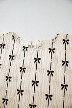 Load image into Gallery viewer, Beige Bow Print Striped Puff Short Sleeve Blouse