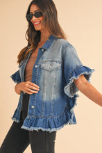 Load image into Gallery viewer, Peacock Blue Raw Edge Bell Short Sleeve Denim Jacket