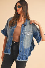 Load image into Gallery viewer, Peacock Blue Raw Edge Bell Short Sleeve Denim Jacket