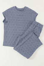 Load image into Gallery viewer, Blue Quilted Textured Short Sleeve Top and Wide Leg Pants Set