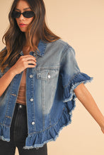 Load image into Gallery viewer, Peacock Blue Raw Edge Bell Short Sleeve Denim Jacket