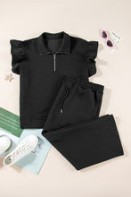 Load image into Gallery viewer, Black Plus Ruffled Sleeve Quarter Zip Top & Wide Leg Pants Set