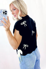 Load image into Gallery viewer, Black Bow Print Side Tie Scalloped Hem Knit Top