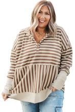 Load image into Gallery viewer, Brown Stripe Drop Sleeve Plus Size Henley Hoodie
