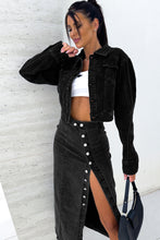 Load image into Gallery viewer, Black Button Fly Side Split High Waist Denim Midi Skirt
